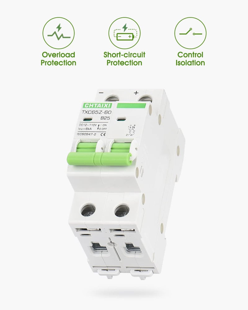 CHTAIXI 12V-110V DC Miniature Circuit Breaker, 25 Amp 2 Pole Battery Breaker Protector for Solar PV System and RV, Thermal Magnetic Trip, DIN Rail Mount, DC Disconnect Switch B25 - Image 3